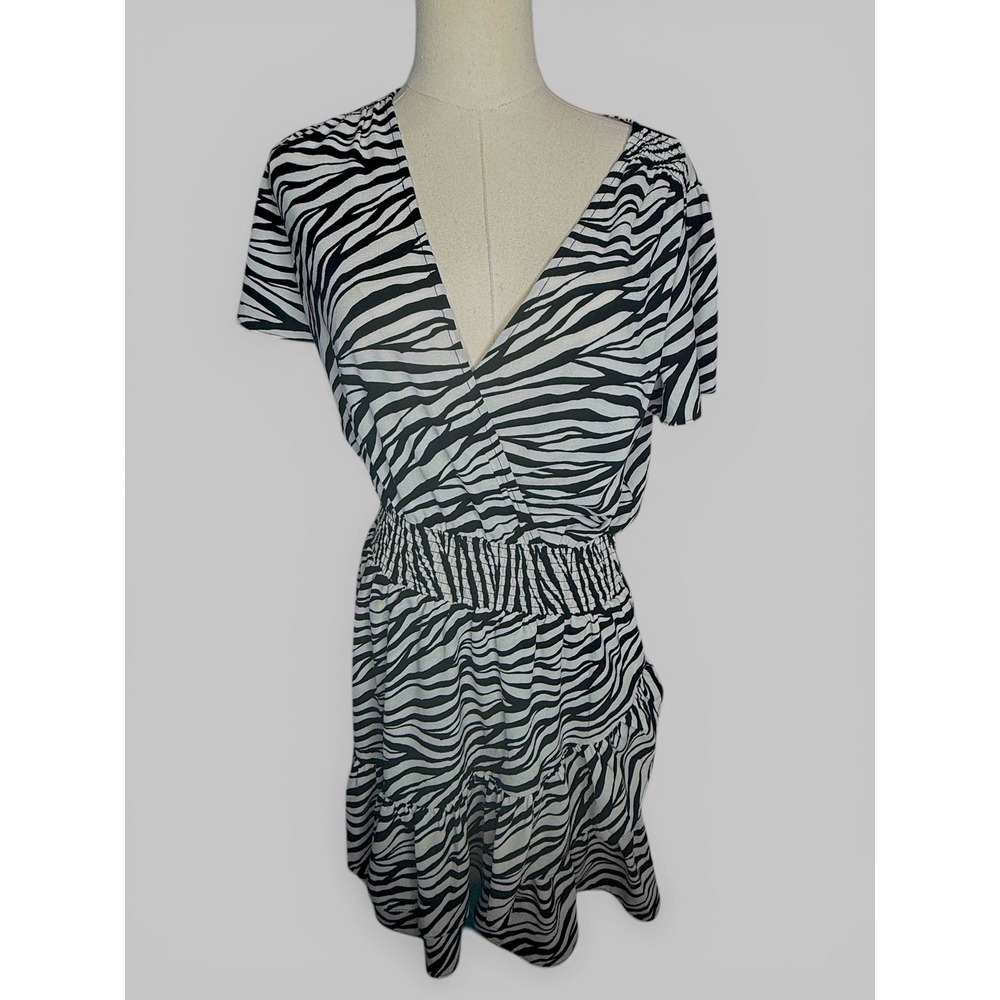 Michael Kors Zebra Print‎ Smocked Waist Ruffle Midi Dress Med Bone/Black NWT